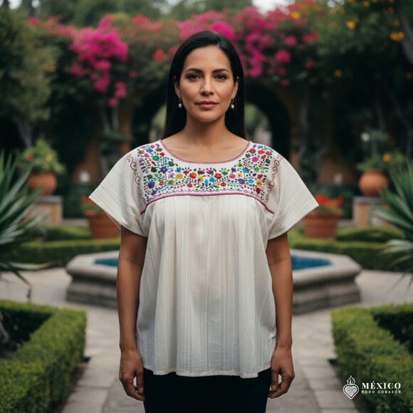 Mexican Embroidered Blouse – Handmade Otomi Floral Animals Design Large 28x23in - Picture 1 of 10